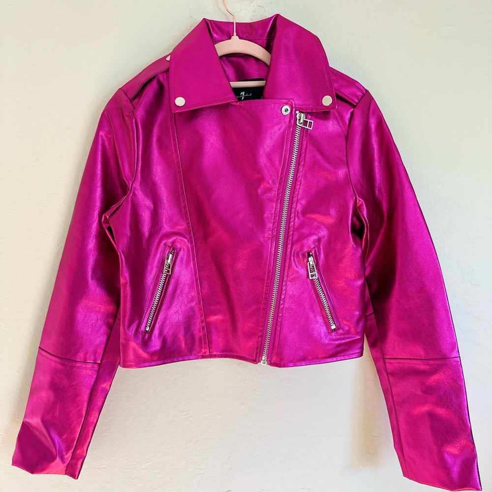 7 For All Mankind NWT Faux Leather Metallic Pink Jacket, size XS
